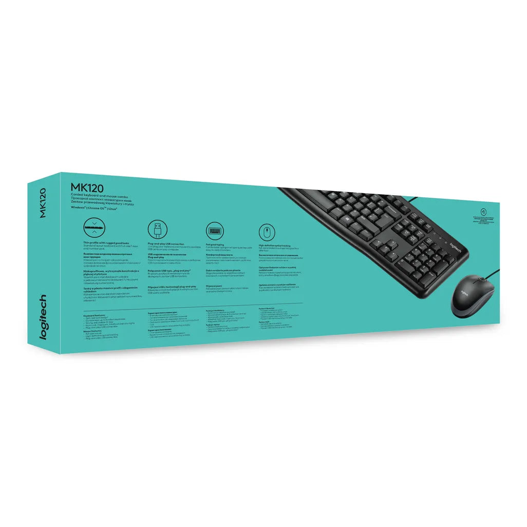 Logitech Desktop MK120, Full-size (100%), Wired, USB, QWERTY, Black, Mouse includedDiscover reliable simplicity with the Logitech MK120 Combo. Easy plug-and-play design with full-size keyboard and mouse via USB. Perfect for any setup.R 249.00Logitech