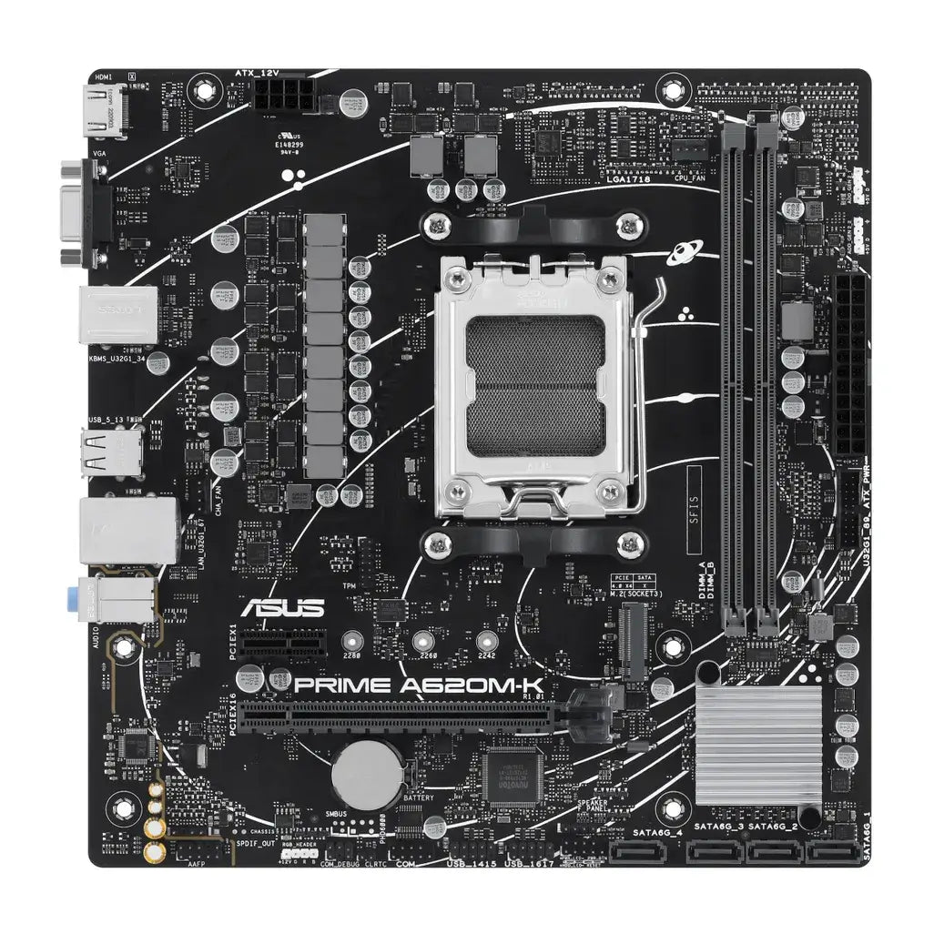 ASUS PRIME A620M-K AMD MainboardAMD A620 micro-ATX motherboard, DDR5, PCIe 4.0 Graphics card and PCIe 4.0 M.2 support, HDMI™, VGA, USB 3.2 Gen 1 Type-A, SATA 6 GbpsR 2199.00Asus