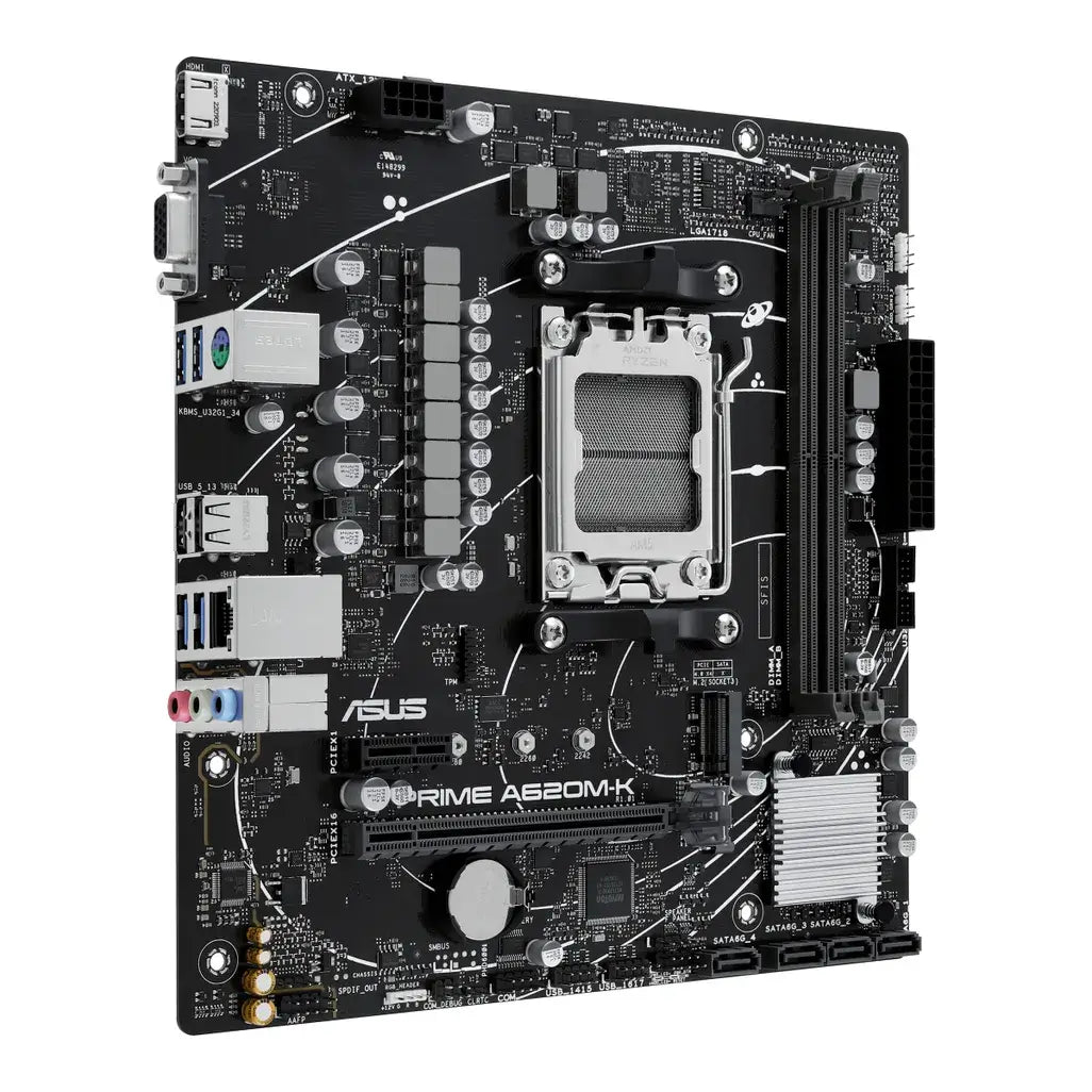 ASUS PRIME A620M-K AMD MainboardAMD A620 micro-ATX motherboard, DDR5, PCIe 4.0 Graphics card and PCIe 4.0 M.2 support, HDMI™, VGA, USB 3.2 Gen 1 Type-A, SATA 6 GbpsR 2199.00Asus