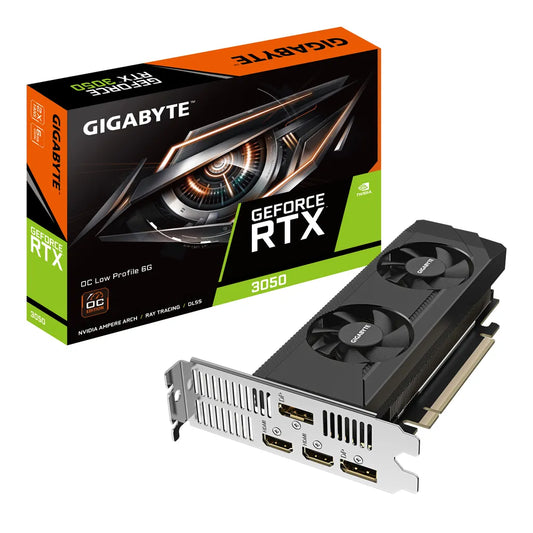 Gigabyte GeForce RTX 3050 OC Low Profile 6G, GeForce RTX 3050, 6 GB, GDDR6, 96 bit, 7680 x 4320 pixels, PCI Express 4.0 Gigabyte GeForce RTX 3050 OC Low Profile Graphics processor family: Processor frequency: 1477 MHz. Discrete graphics card memory: 6 GB,