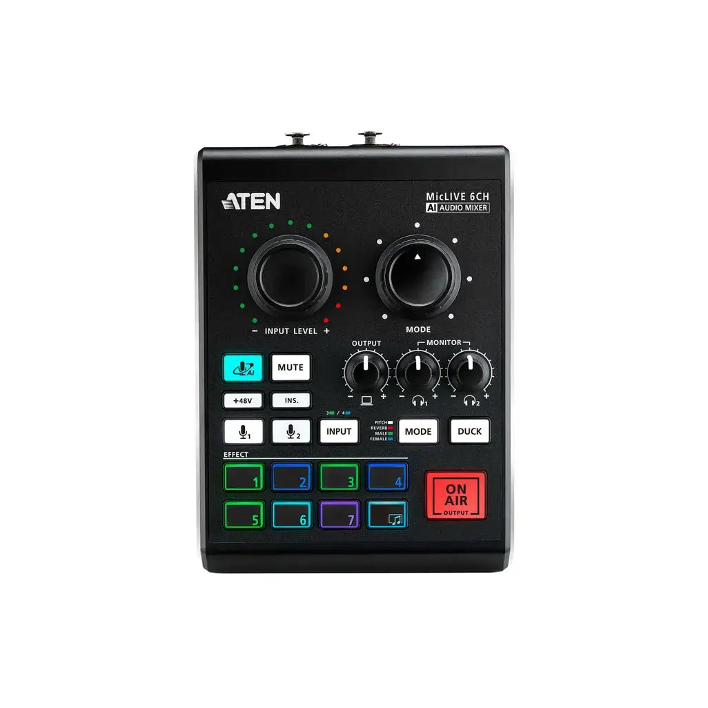 ATEN Podcast AI Audio Mixer | MicLIVE 6-CH, 6 channels, 2.55 W, Black, Grey All-in-one design simplifies audio mixing workflow for podcasting – offers up to 6-channel audio inputs, DSP and AD / DA converter R 4209.00 Aten