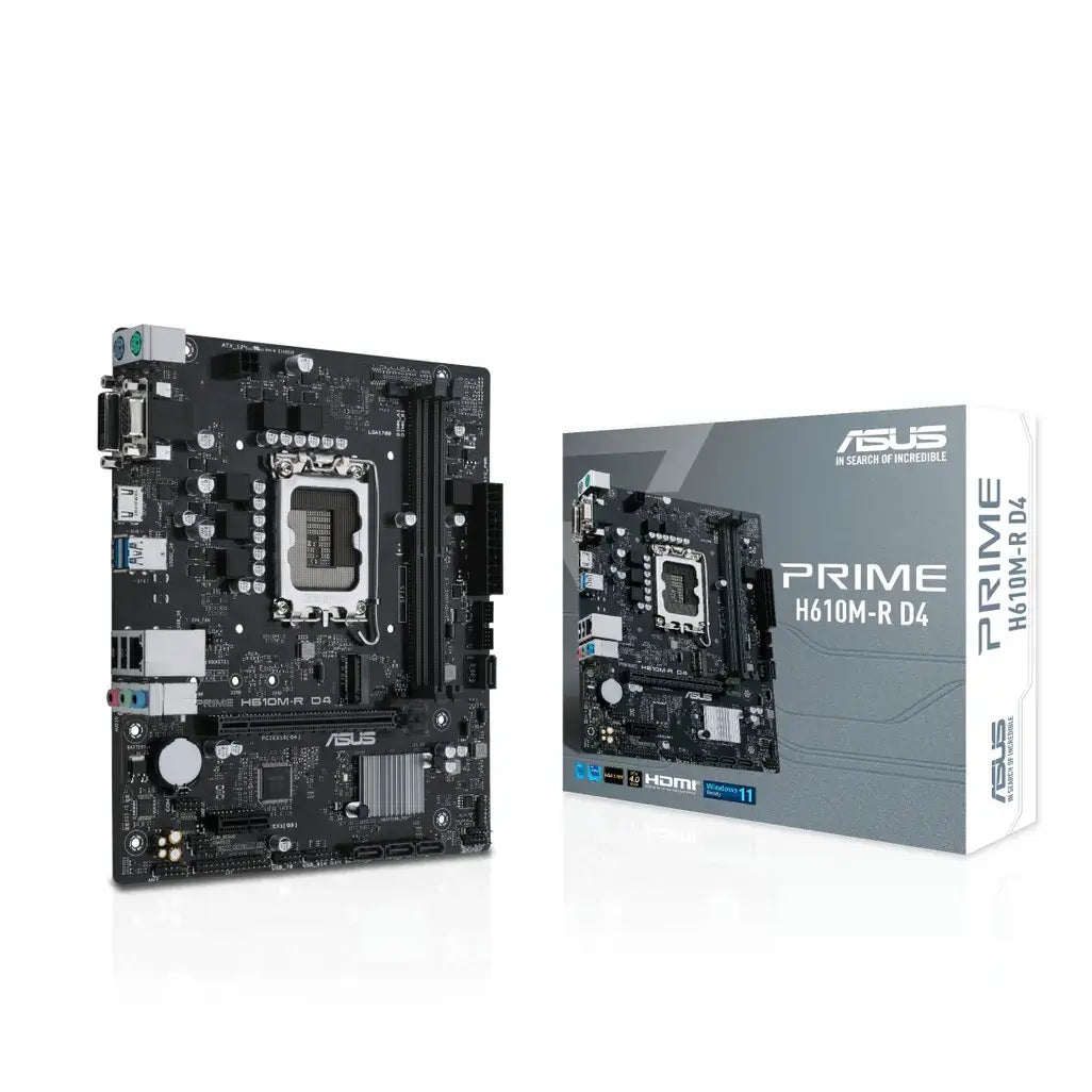 ASUS PRIME H610M-R D4-SI MainboardIntel® H610 (LGA 1700) mic-ATX motherboard with DDR4, PCIe 4.0, M.2 slot, Realtek 1 Gb Ethernet, HDMI®,D-Sub, DVI, USB 3.2 Gen 1 ports, SATA 6 GbpsR 1899.00Asus