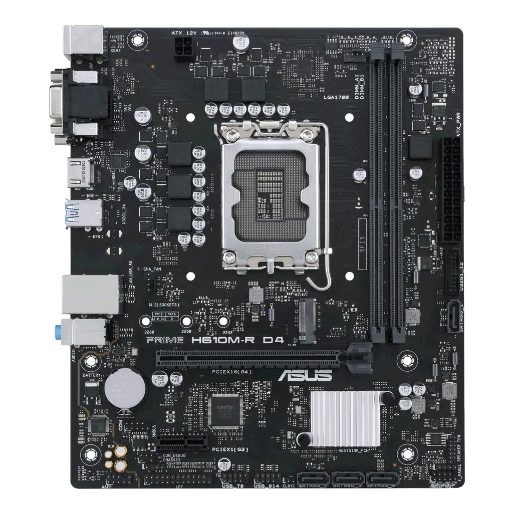 ASUS PRIME H610M-R D4-SI MainboardIntel® H610 (LGA 1700) mic-ATX motherboard with DDR4, PCIe 4.0, M.2 slot, Realtek 1 Gb Ethernet, HDMI®,D-Sub, DVI, USB 3.2 Gen 1 ports, SATA 6 GbpsR 1899.00Asus