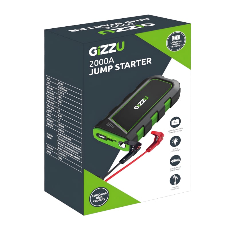 GIZZU 2000A Jump Starter 16400mAh – Black Ensure you're never stuck with a flat battery. GIZZU's 2000A Jump Starter powers up to 7L petrol or 6.5L diesel engines. Safe, smart, and portable. R 1509.00 Gizzu