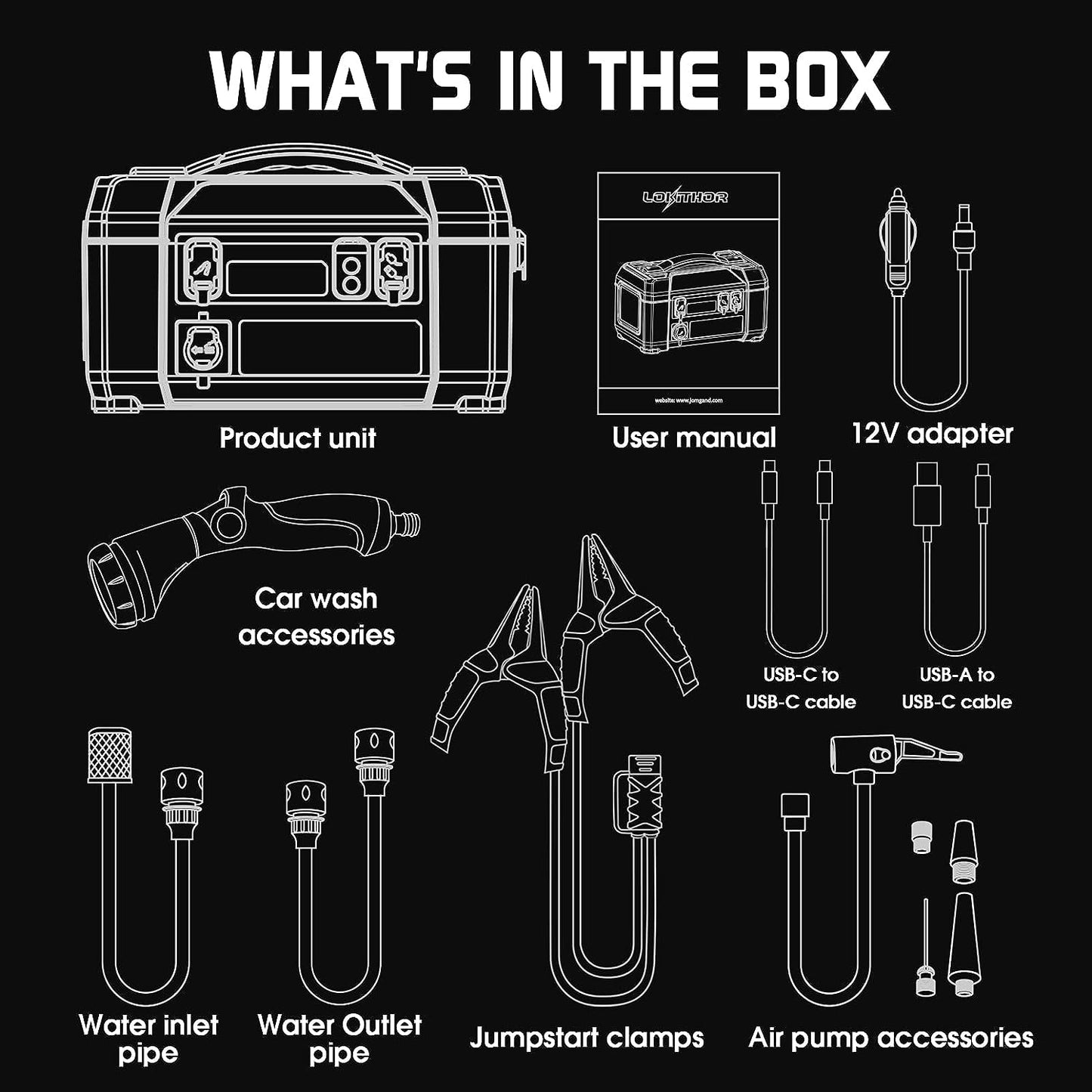 LokiThor 5 In 1 Jump starter, water pump, air inflator, powerbank and LED lighting Industry-first Multifunctional and Portable Product Jump starter, water pump, air inflator,powerbank and LED lighting Engine rating: 8.5L petrol and 6.5L Diesel R 5799.00 L