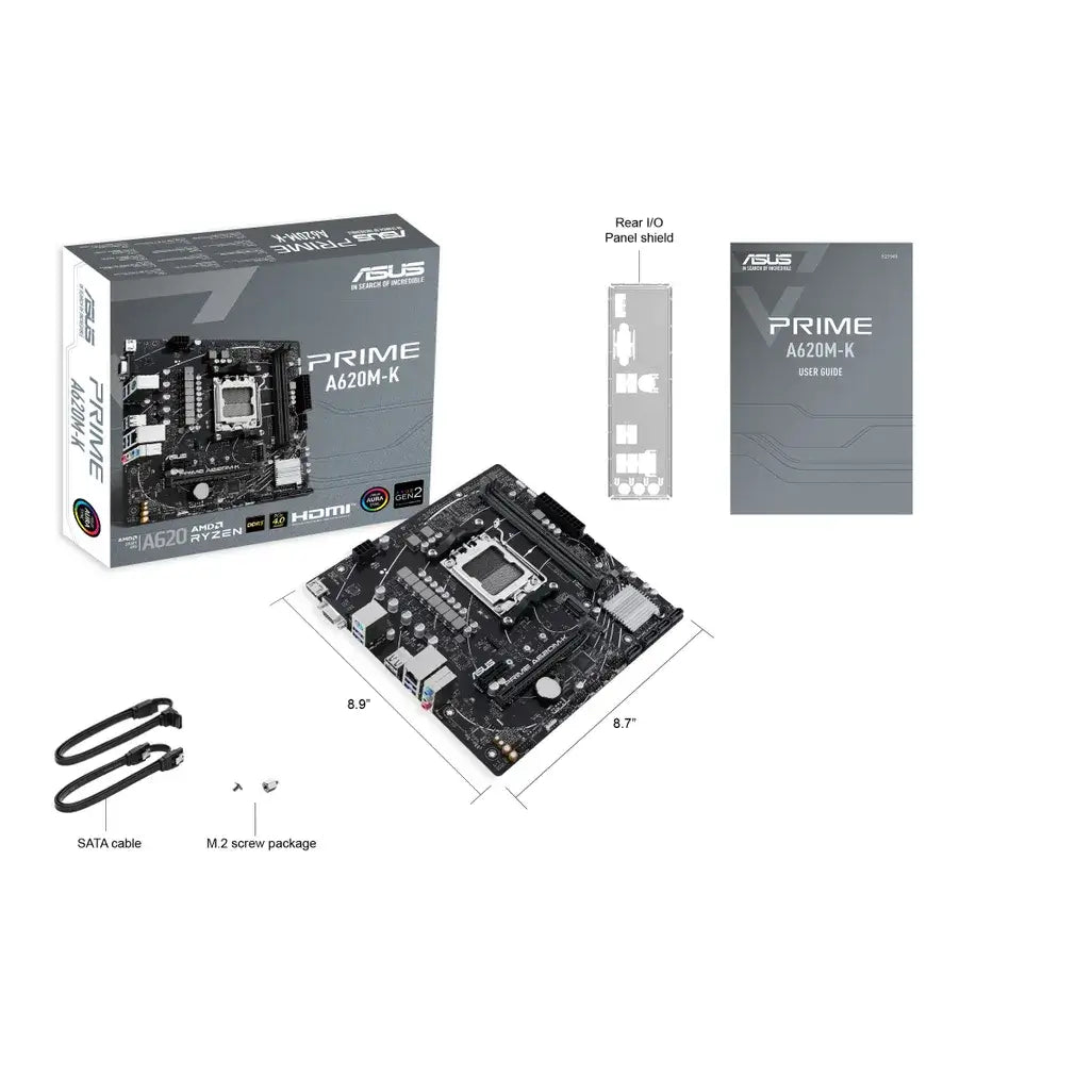 ASUS PRIME A620M-K AMD MainboardAMD A620 micro-ATX motherboard, DDR5, PCIe 4.0 Graphics card and PCIe 4.0 M.2 support, HDMI™, VGA, USB 3.2 Gen 1 Type-A, SATA 6 GbpsR 2199.00Asus