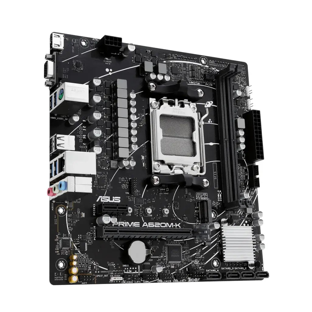 ASUS PRIME A620M-K AMD MainboardAMD A620 micro-ATX motherboard, DDR5, PCIe 4.0 Graphics card and PCIe 4.0 M.2 support, HDMI™, VGA, USB 3.2 Gen 1 Type-A, SATA 6 GbpsR 2199.00Asus