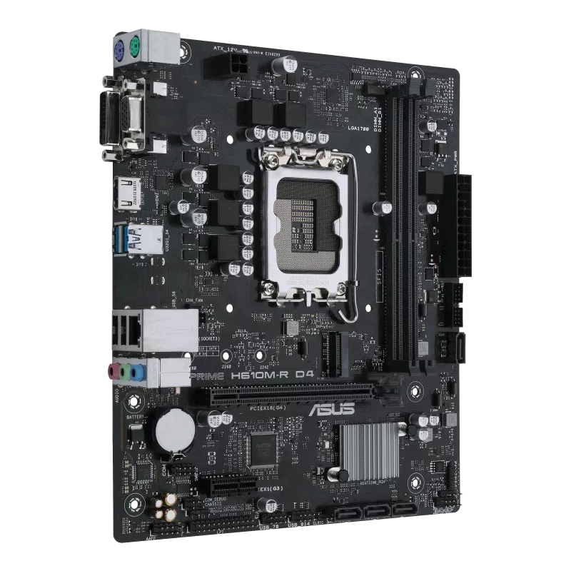 ASUS PRIME H610M-R D4-SI MainboardIntel® H610 (LGA 1700) mic-ATX motherboard with DDR4, PCIe 4.0, M.2 slot, Realtek 1 Gb Ethernet, HDMI®,D-Sub, DVI, USB 3.2 Gen 1 ports, SATA 6 GbpsR 1899.00Asus